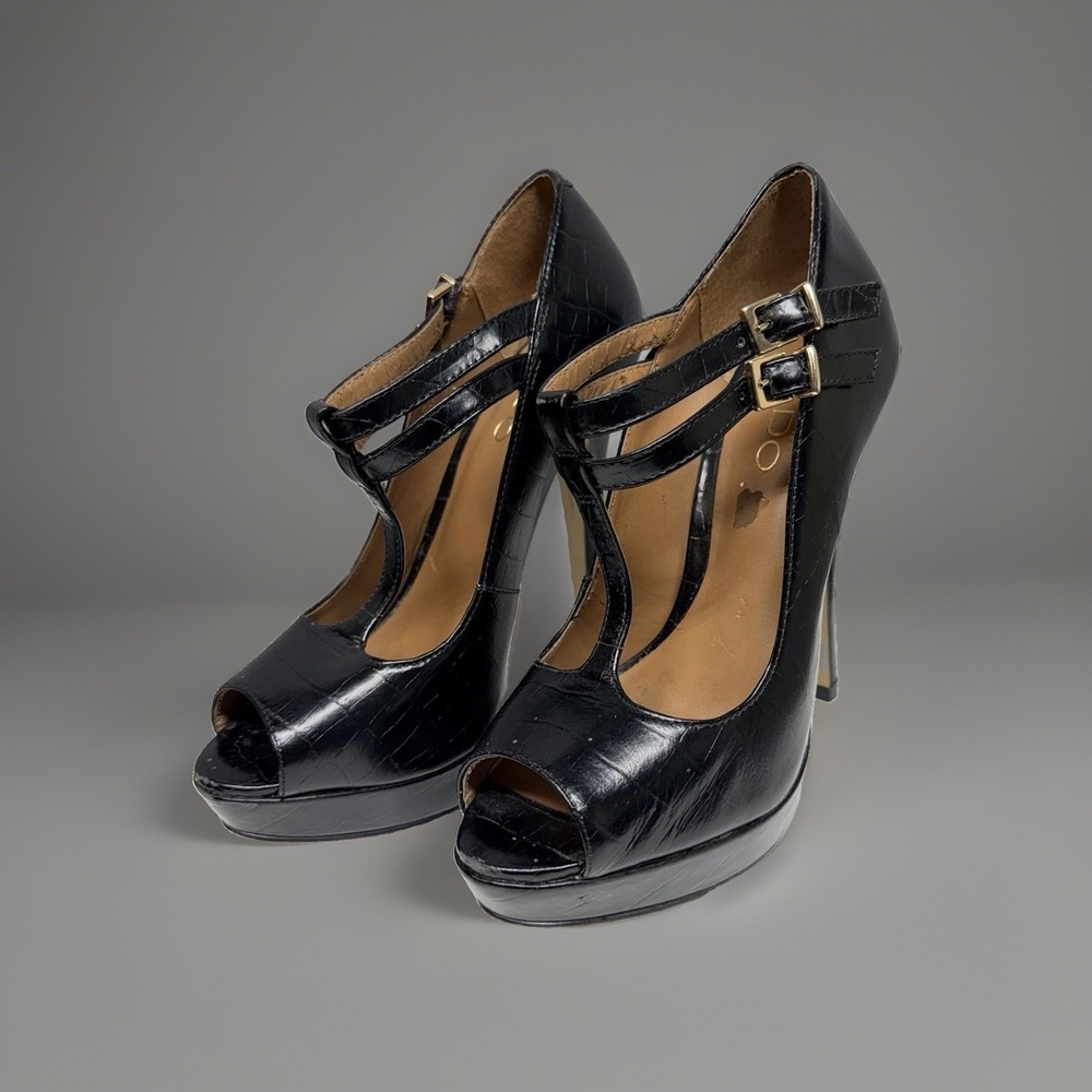 ALDO Black‎ Croc Embossed T-Strap Peep Toe Platform Stiletto Heels Women's 6